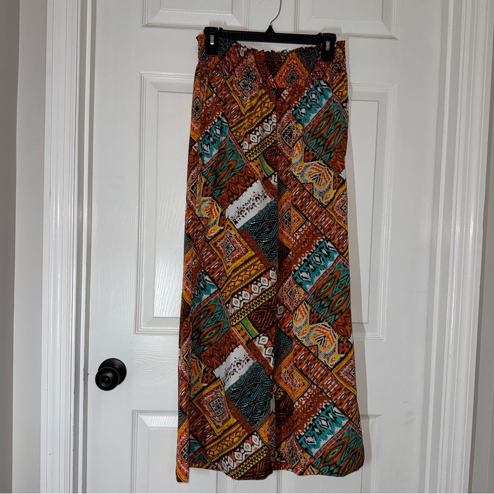 Cato Wide Leg Pants in Rust, Teal, White & Brown Aztec Print Size Medium